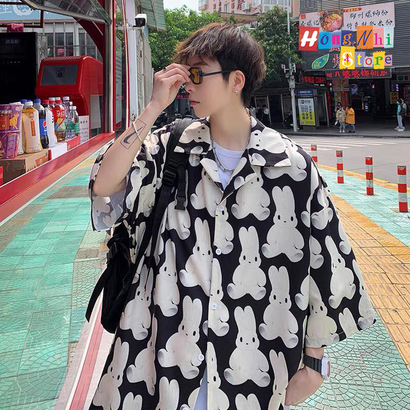 Áo Sơ Mi Hoạ Tiết Đi Biển Con Thỏ Trắng Hoạt Hình Tay Lỡ Dáng Rộng Ulzzang Unisex - MM