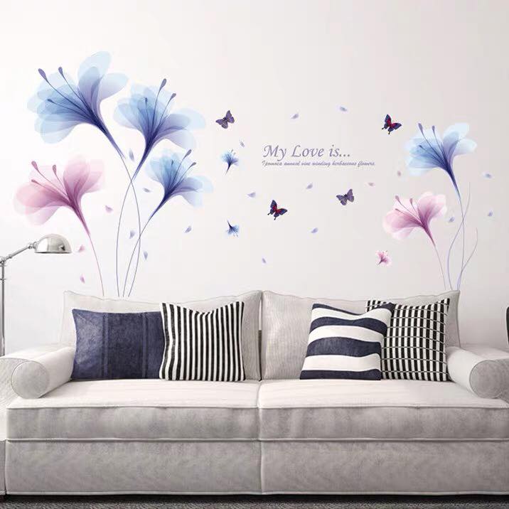 Decal dán tường Hoa xanh tím và chân tường hoa bướm - HP228