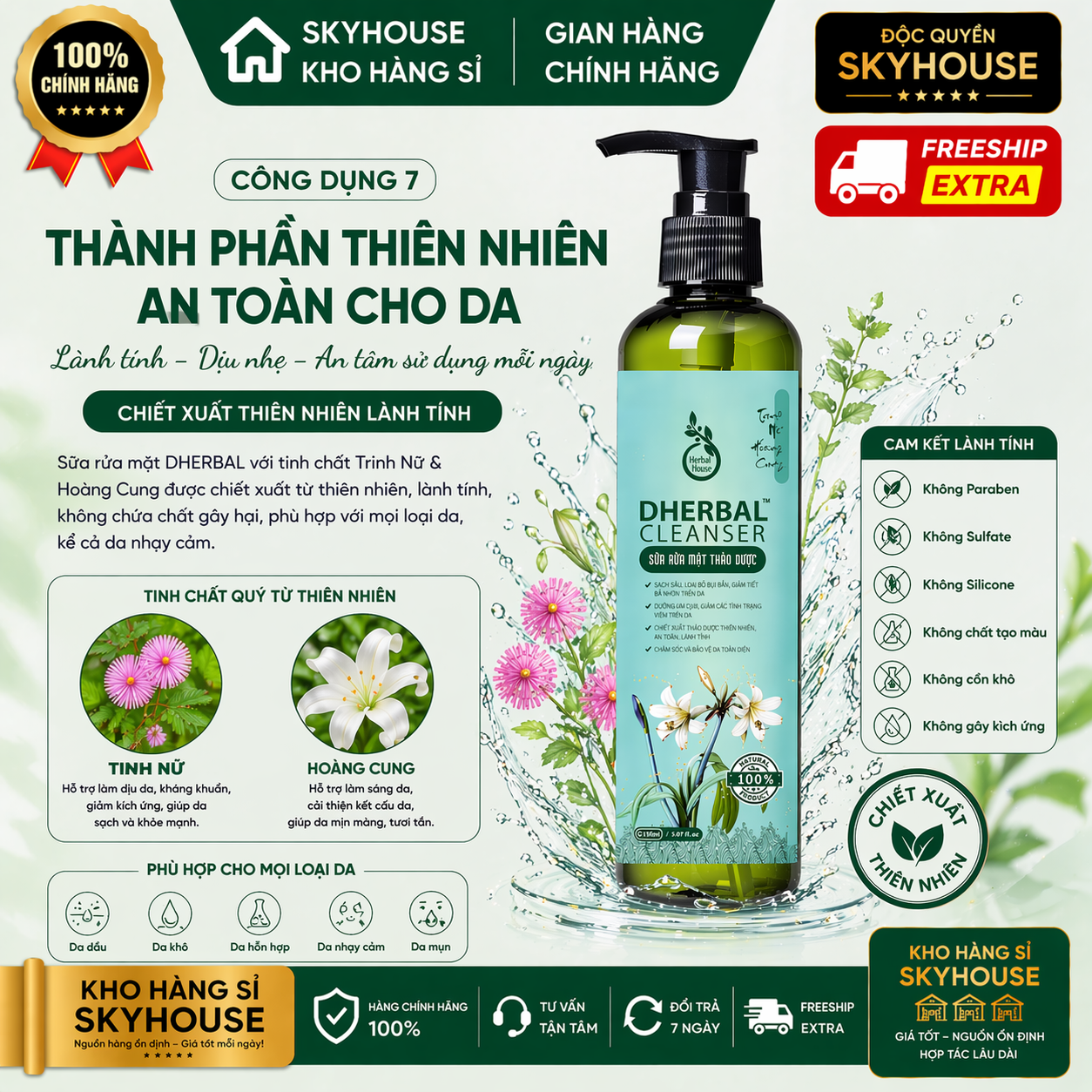 Sữa rửa mặt trị mụn thiên nhiên chiết xuất trinh nữ hoàng cung độc quyền DHERBAL chai 150ml dưỡng trắng da chính hãng