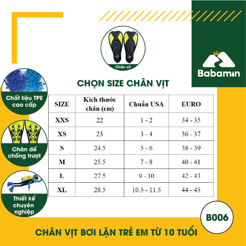 Chân Vịt Bơi Lặn Chống Trượt Chuyên Nghiệp - Cho Trẻ Em Từ 10 Tuổi Đến Trưởng Thành – B006