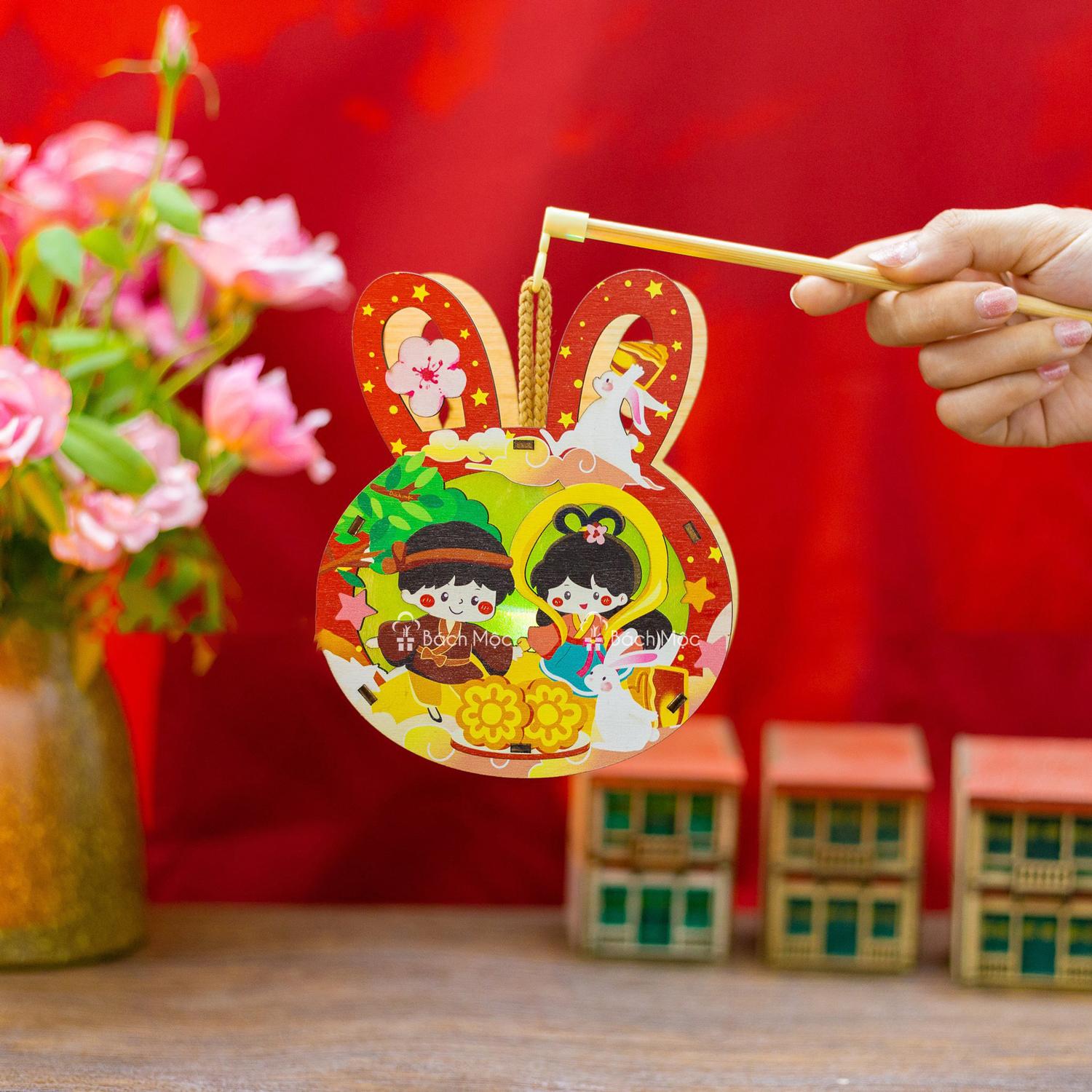 Lồng Đèn Trung Thu Gỗ 2 Mặt Màu - Bách Mộc - Thỏ Bánh