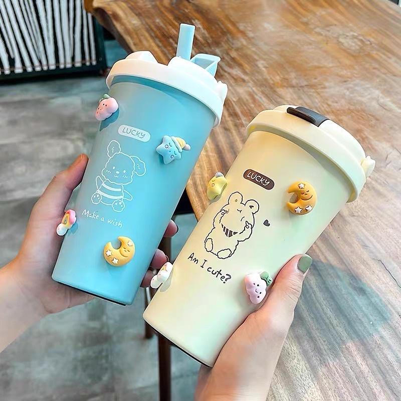 Bình giữ nhiệt, Ly giữ nhiệt 500ml, bình đựng nước cute có ống hút, dây đeo và sticker