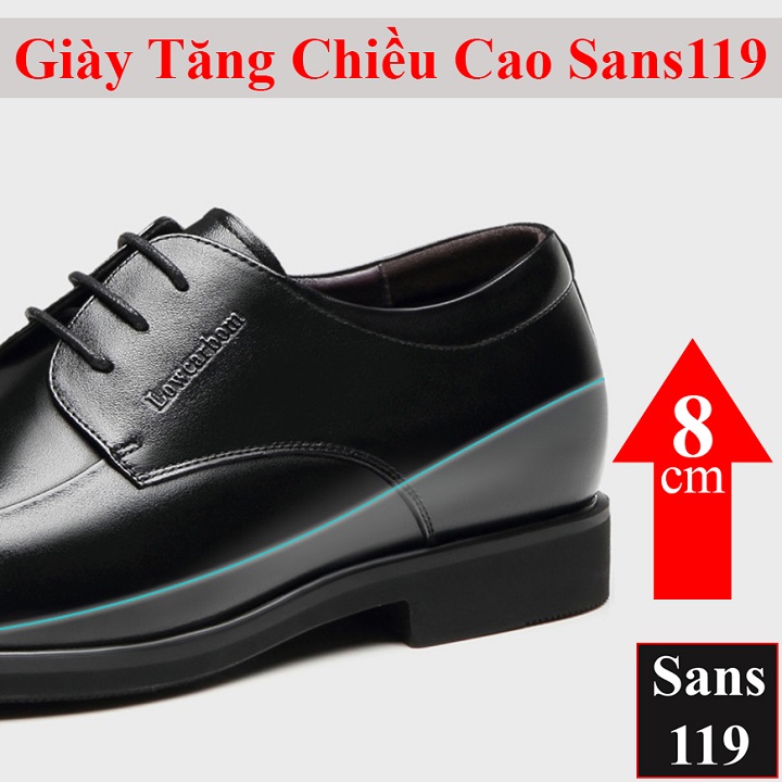 Giày tăng chiều cao nam da bò Sans119 độn đế 8cm công sở cao cấp buộc dây tây đen chú rể mặc vest size nhỏ 37 38 mũi tròn