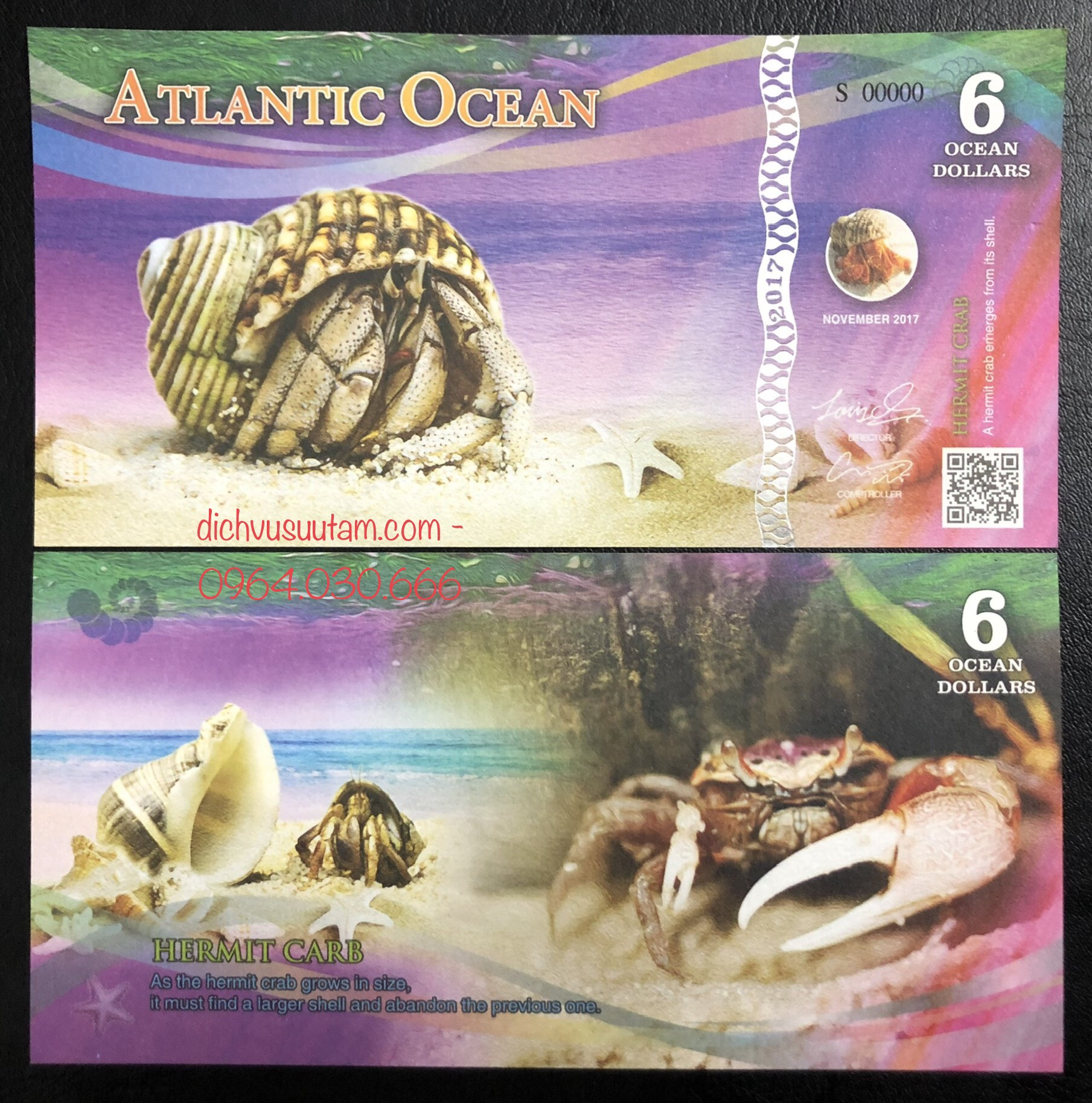 Tiền lưu niệm Atlantic Ocean hình ảnh Cua ẩn sĩ 6 dollars, có bảo an và mã QR code