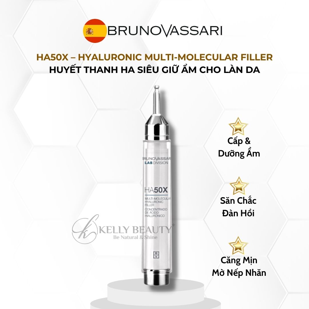 Huyết Thanh HA Siêu Cấp Ẩm Bruno Vassari HA50X Hyaluronic Multi Molecular Filler - Cấp Ẩm Đa Tầng, Săn Da - Kelly Beauty