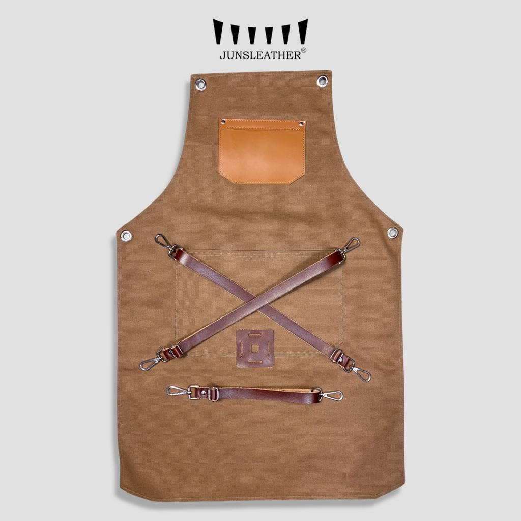 Tạp dề pha chế vải canvas dây da của Junsleather phối da bò cao cấp dành cho Barista/Bartender