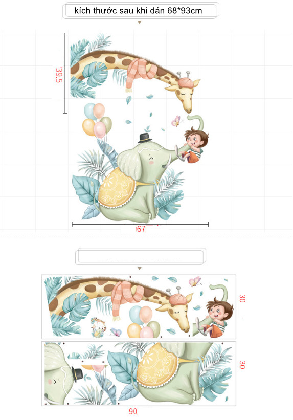 Decal trang trí tường - Chú hươu và chú voi chơi đùa cùng bé trai