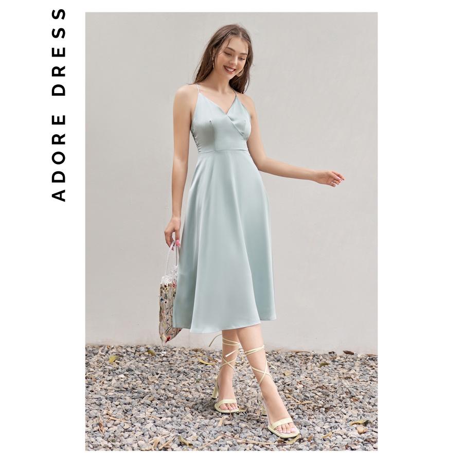 Đầm mini 2 dây nhún ngực lụa xanh olive 1VA6016 ADORE DRESS