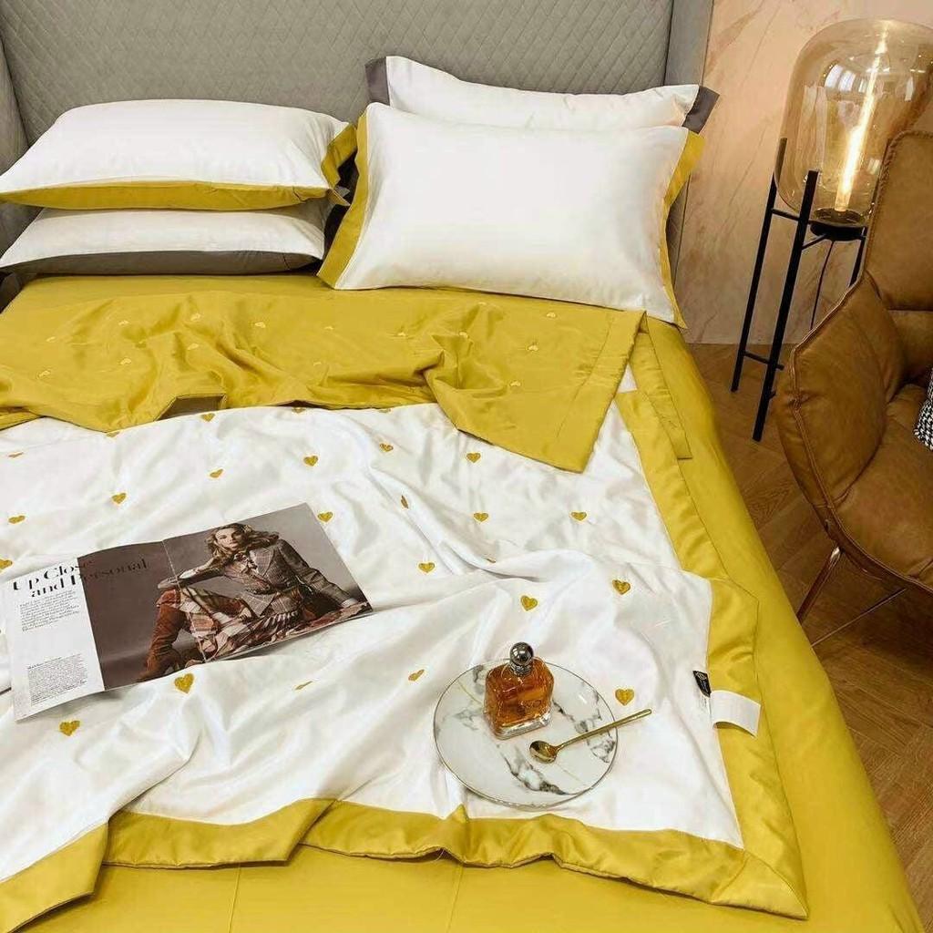 Set chăn ga lụa hoạt tính thêu tim mẫu mới, chăn chần bông SÉT 4 MÓN