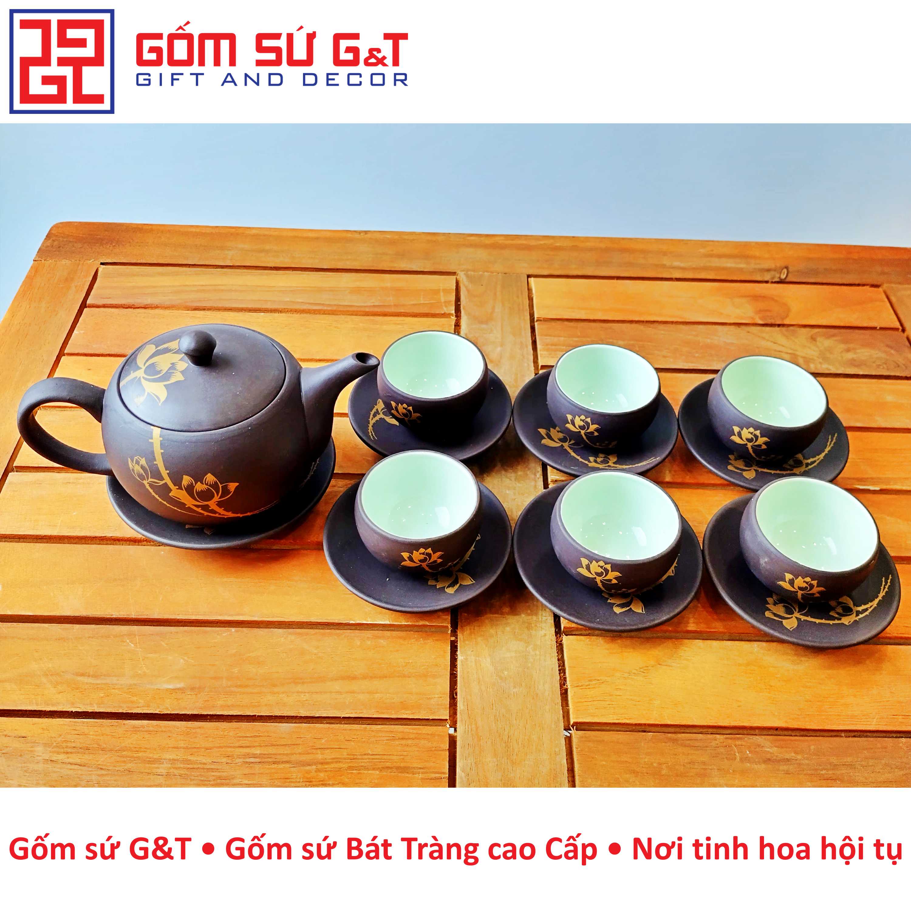 Bộ trà nâu vẽ sen vàng Gốm Sứ G&amp;T