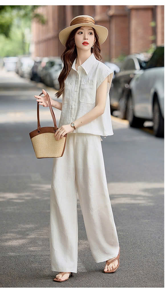 Set sơ mi tay cánh tiên thiết kế mix quần suông ống rộng cạp cao tôn dáng dịu dàng