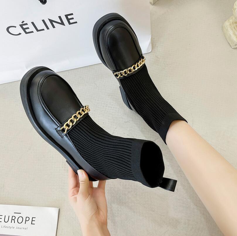Đồng Hồ Nữ Co Giãn Giày Boot Cổ Ngắn Nữ Dệt Kim Khâu Tất Bốt 2021 Mới Dây Kim Loại Đế Bằng Nữ Giày Stovepipe Giày