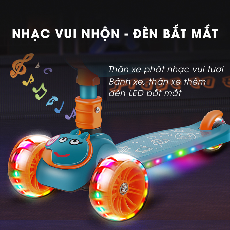 Xe trượt scooter 3 bánh cao cấp dành cho bé, phát nhạc, bánh xe phát sáng vĩnh cửu, rèn luyện vận động, tăng chiều cao cho bé, chịu lực lên tới 90kg