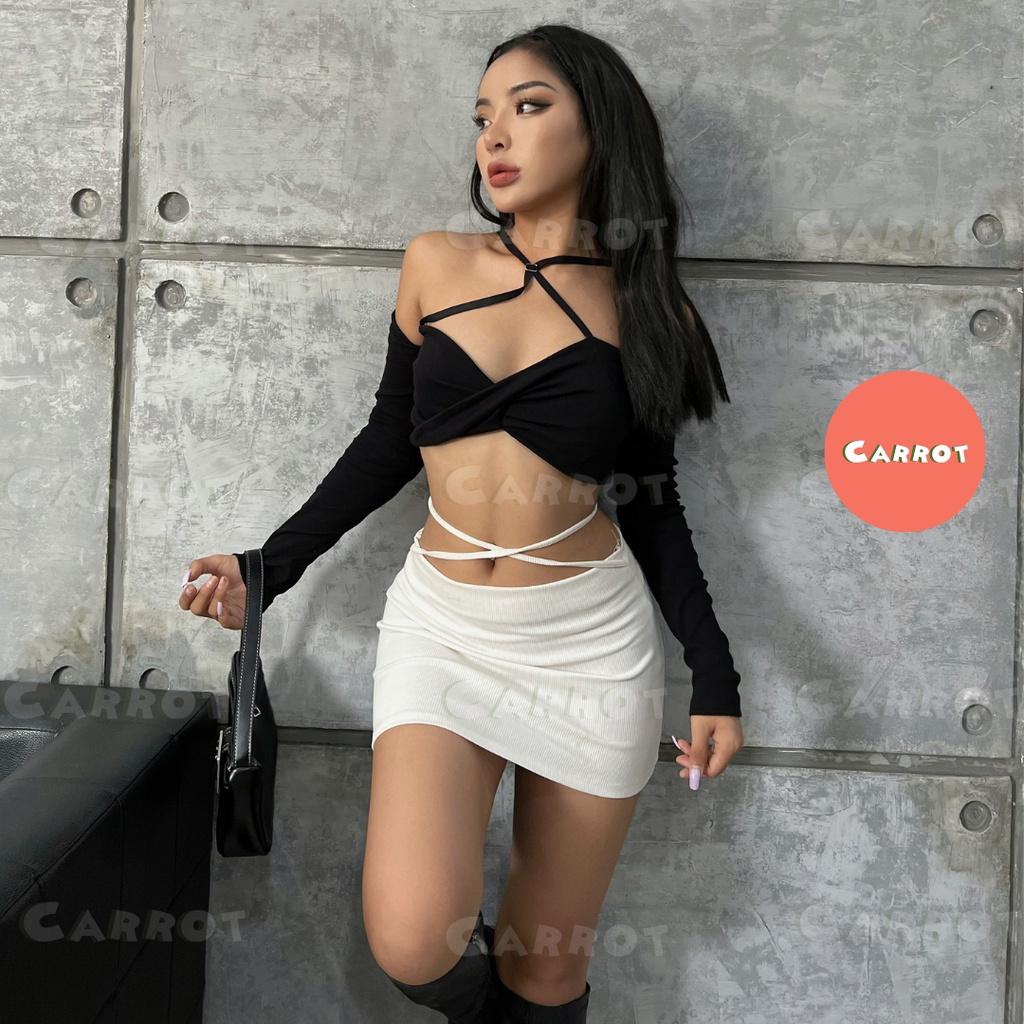 Áo croptop đen tay dài sexy cột dây tôn dáng trendy thời trang nữ carrotxinhdep đi chơi đi du lịch