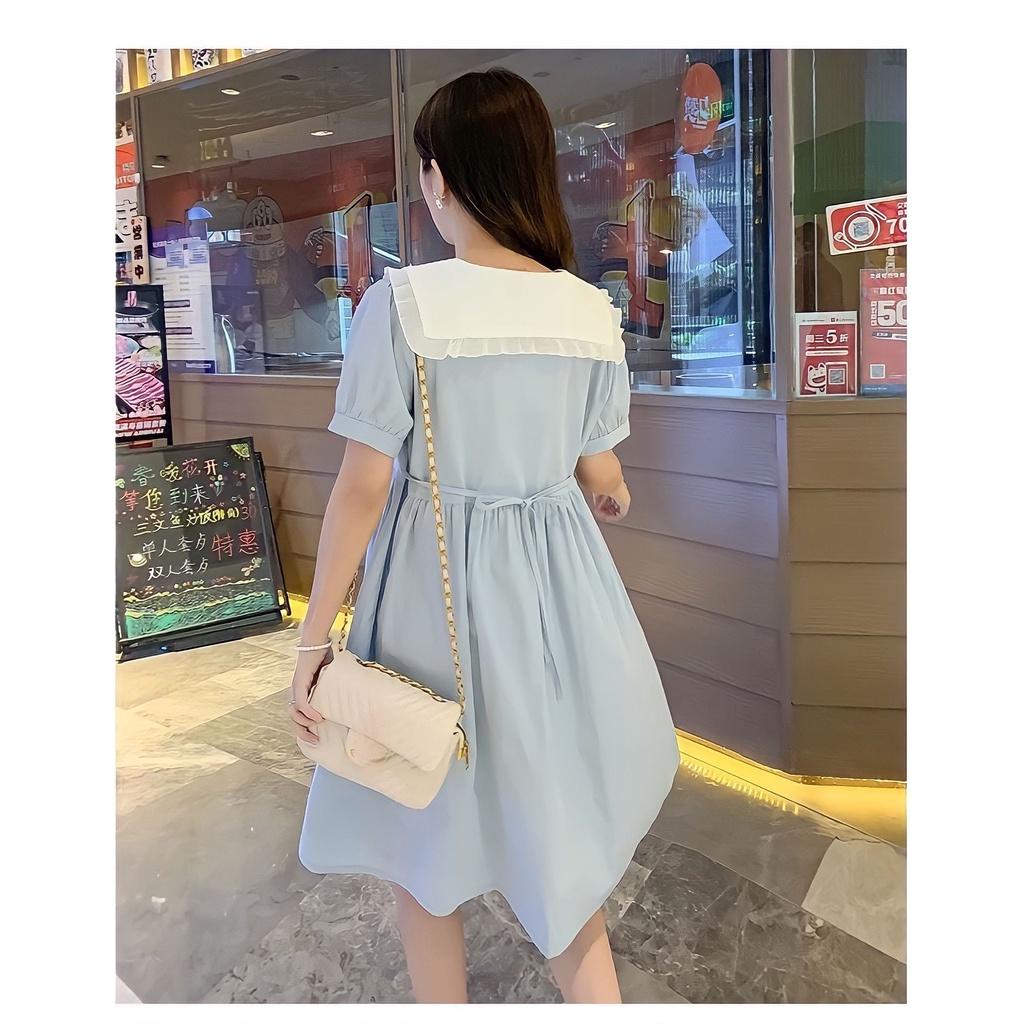 Đầm Nữ Tiểu Thư Xanh Mint Cổ Cổ Sen Phối Màu Cộc Tay Dáng Lỡ