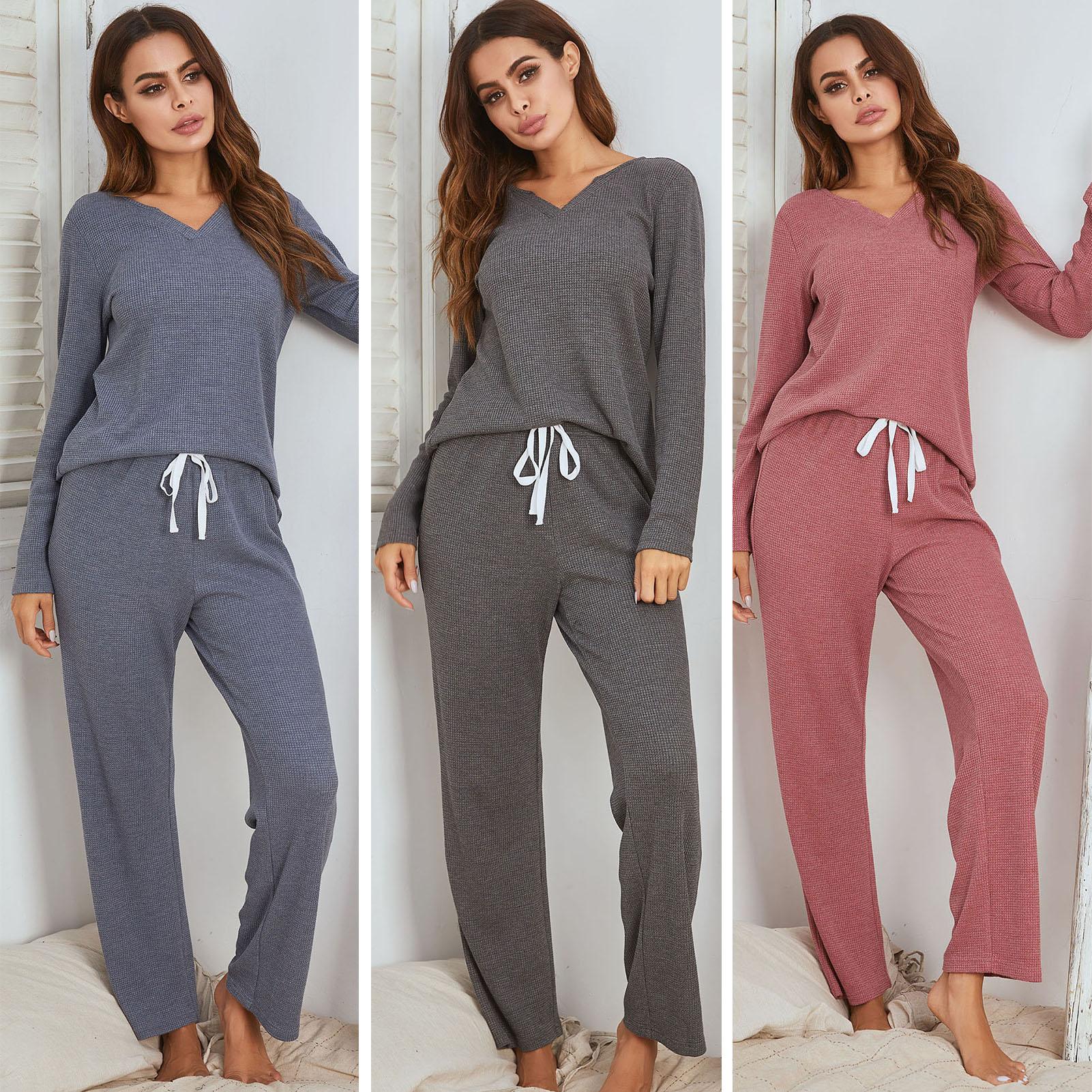 Women Pajamas Set V-Neck Long Sleeve Pullover T-shirt with Long Pants Solid Loungewear Sleepwear Home Wear