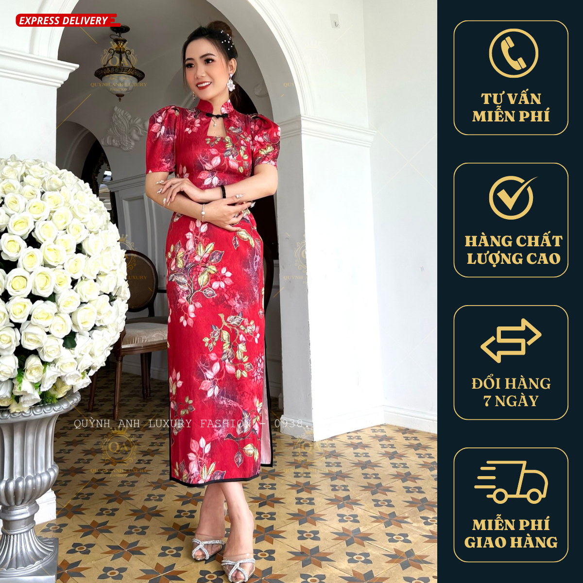 Sườn Xám Cổ Tàu Trung Hoa Lụa Ánh Kim Tone Đỏ Sang Trọng Mia Dress