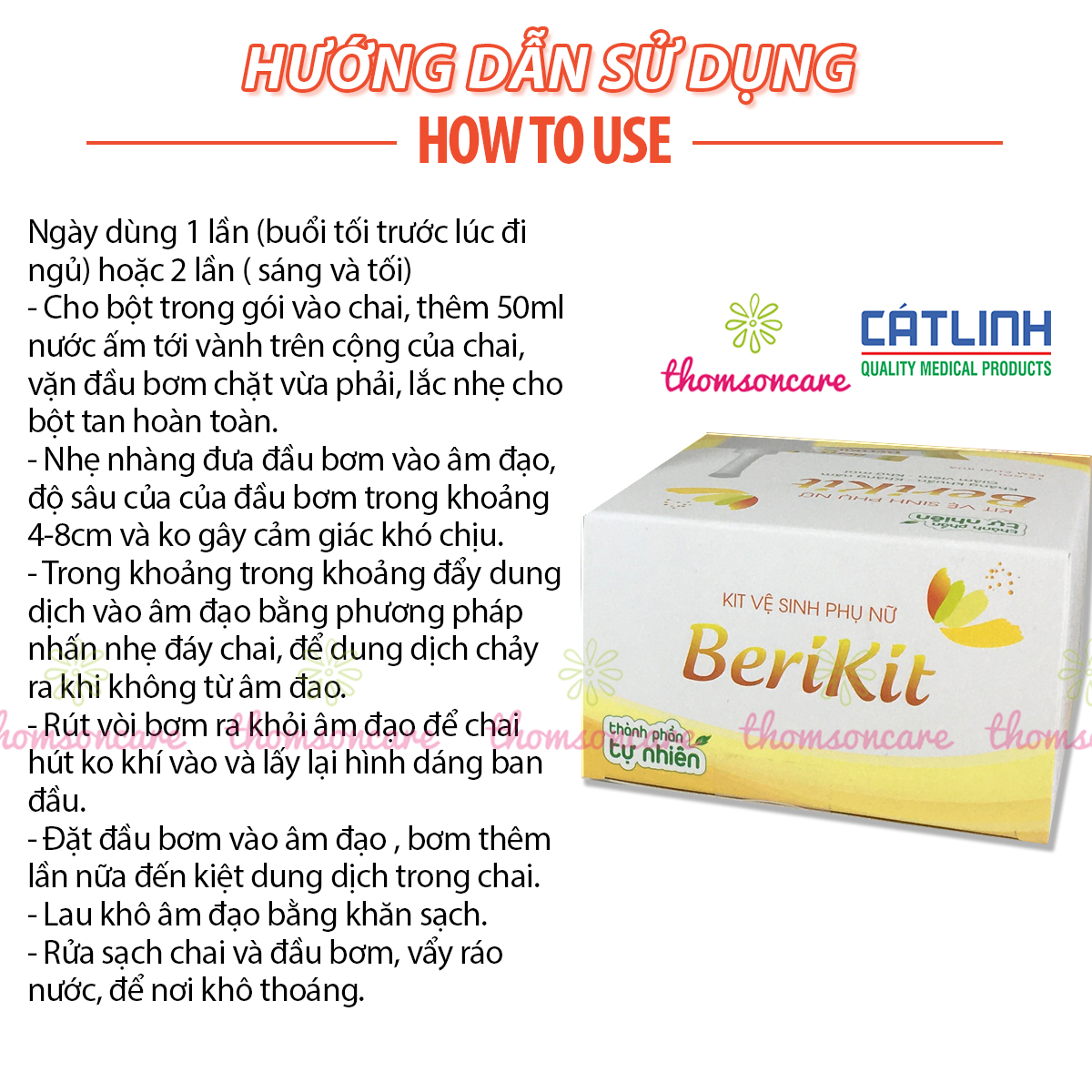 Bộ thụt rửa vệ sinh phụ nữ Berikit kèm 15 gói muối - Dung dịch rửa sâu, chống nấm, khử mùi - Của dược Cát Linh