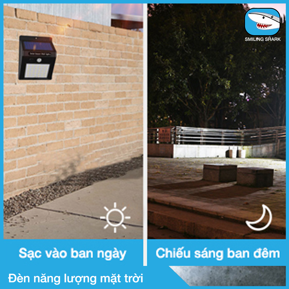 Đèn Led năng lượng mặt trời Smiling Shark thắp sáng sân vườn ngoài trời, gắn cổng, ban công, lan can, lối đi, sân nhà, sân thượng, tự động sạc năng lượng ban ngày, bật tắt theo cảm ứng hồng ngoại khi có người đến gần, chống nước IP65 - Hàng chính hãng