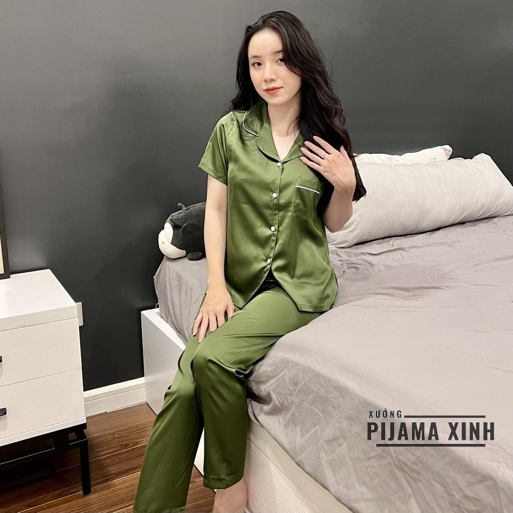 Bộ Pyjama lụa - Chất lụa Latin trơn Màu Xanh Rêu mềm mịn siêu mát Bộ cộc quần đùi