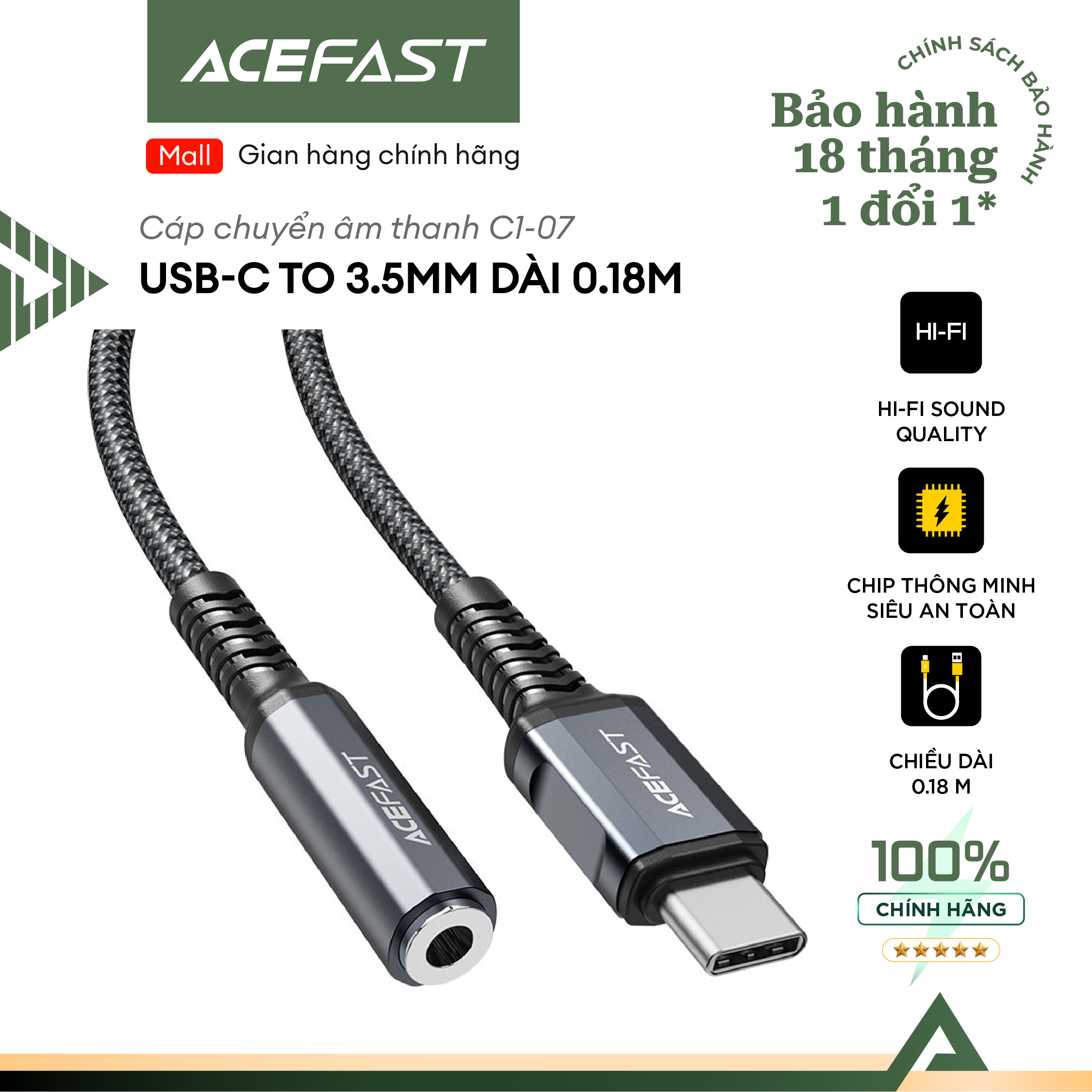 Cáp chuyển âm thanh Acefast USB-C to 3.5mm (0.18m) - C1-07 Hàng chính hãng Acefast