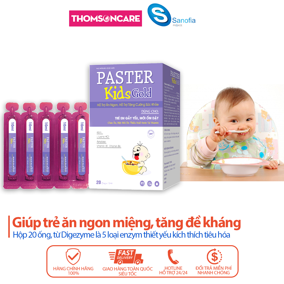 Siro ăn ngon Paster Kids Gold ống sanofia- Hỗ trợ tăng sức đề kháng, ăn ngon miệng, giảm rối loạn tiêu hóa - Hộp 20 ống x 10ml Thomsoncare