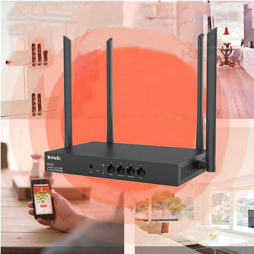 Bộ Phát WIFI Router mạng Tenda W15e Ac1200mps sử dụng cho công ty, nhà xưởng,quán cafe,...vùng phủ sóng 300m2 4 ăn ten phát sóng cực mạnh - chính hãng