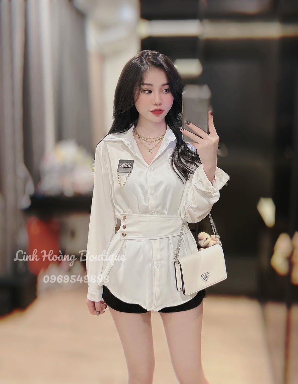 áo sơ mi nữ dáng dài form rộng may logo, áo sơ mi dài tay công sở 3 màu năng động