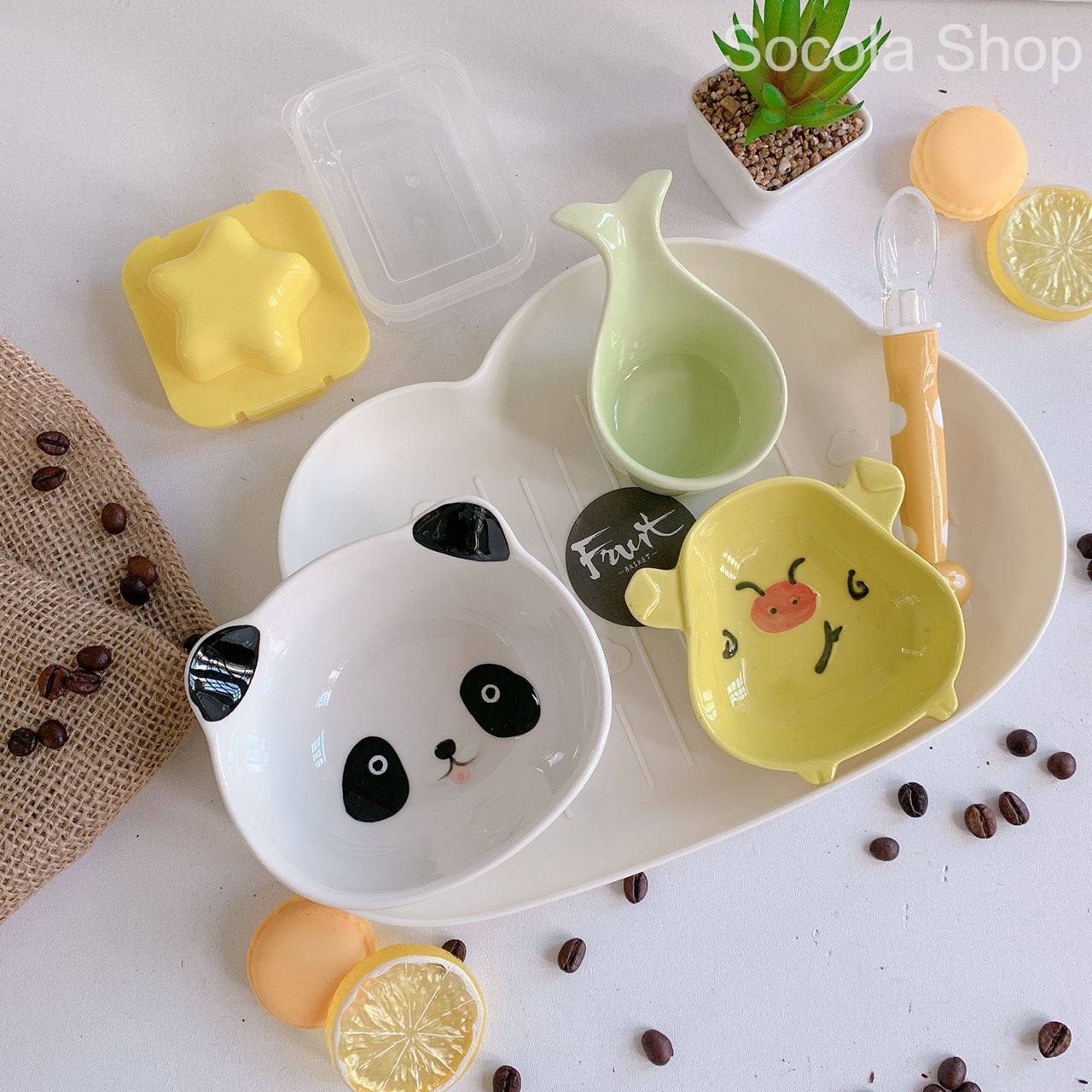 [Tặng Khuôn Bento Và Hộp Trữ Đông] Bộ Chén Ăn Dặm Kiểu Nhật Bằng Sứ Cho Bé Hình Gấu Trúc, Đuôi Cá và Heo