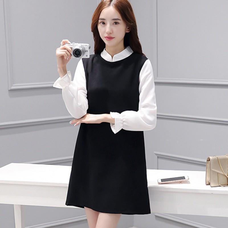 Đầm suông nữ cổ tàu tay dài phối màu trẻ trung Da48