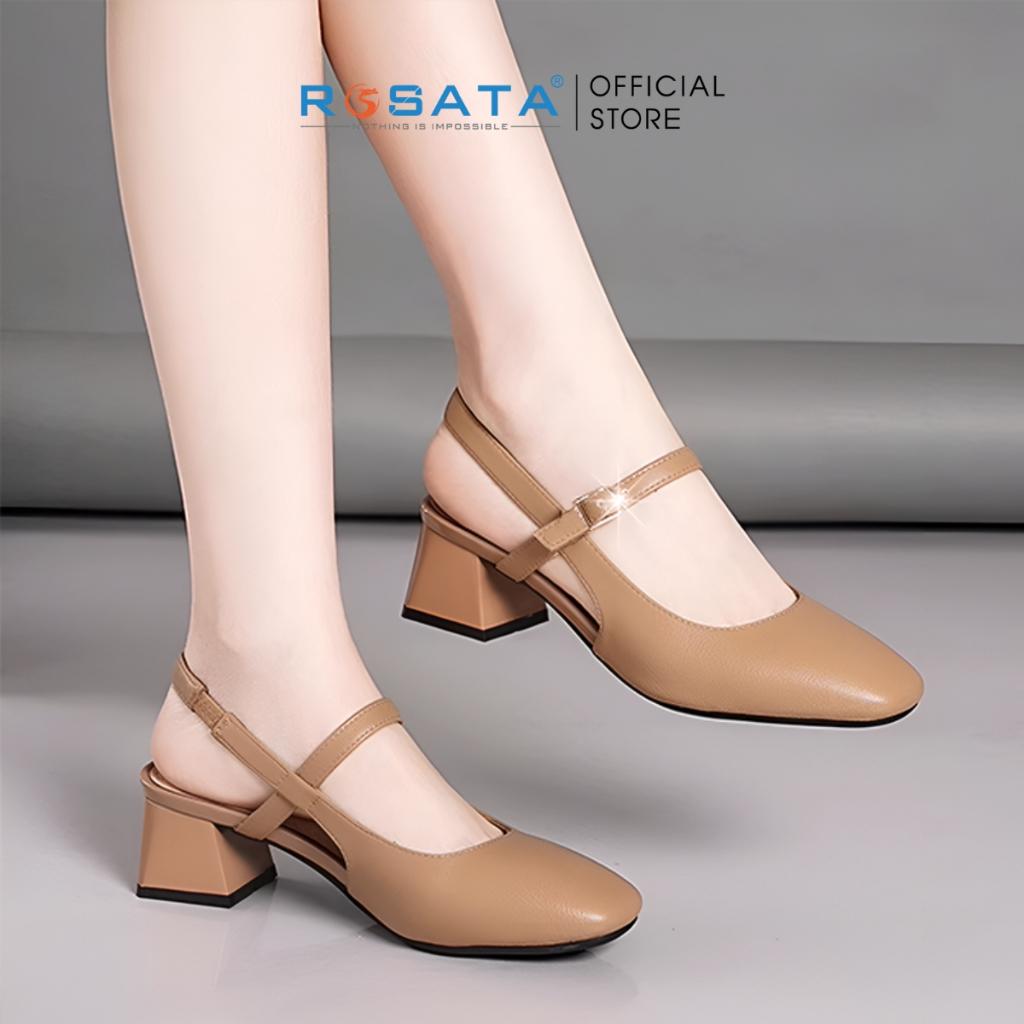 Giày cao gót nữ đế vuông 5 phân mũi tròn quai hậu cài khóa dây mảnh ROSATA RO622 - Nâu