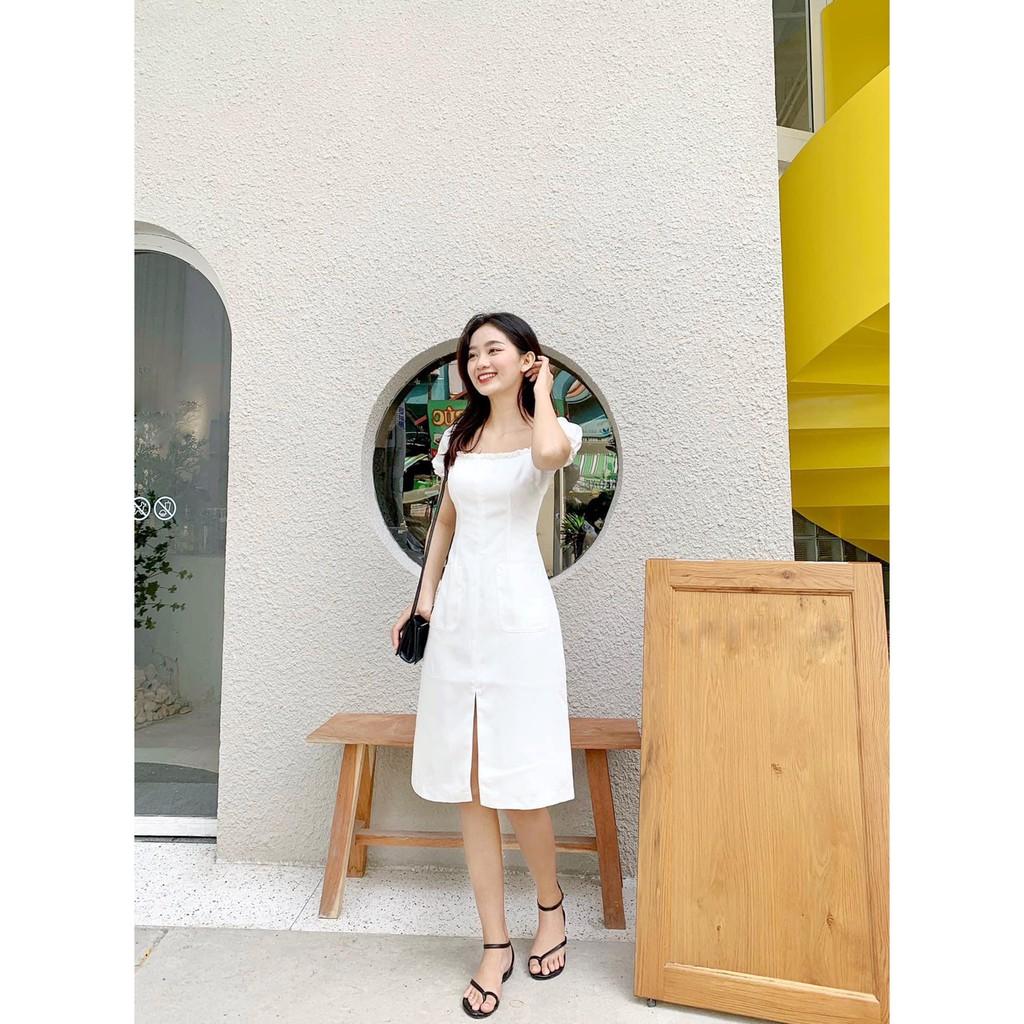 ĐẦM TẾT COTTON TRẮNG XẺ TA TAY NGẮN CỔ VUÔNG DÁNG SUÔNG ÔM-hình thật shop chụp
