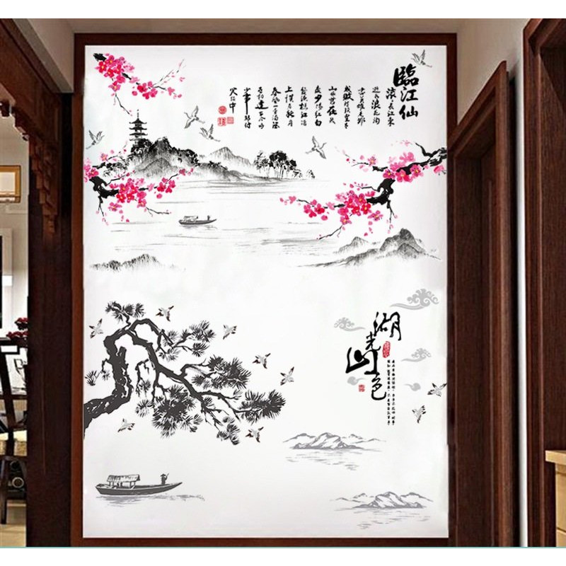 Decal dán tường sơn thủy á đông cành đào nở rộ