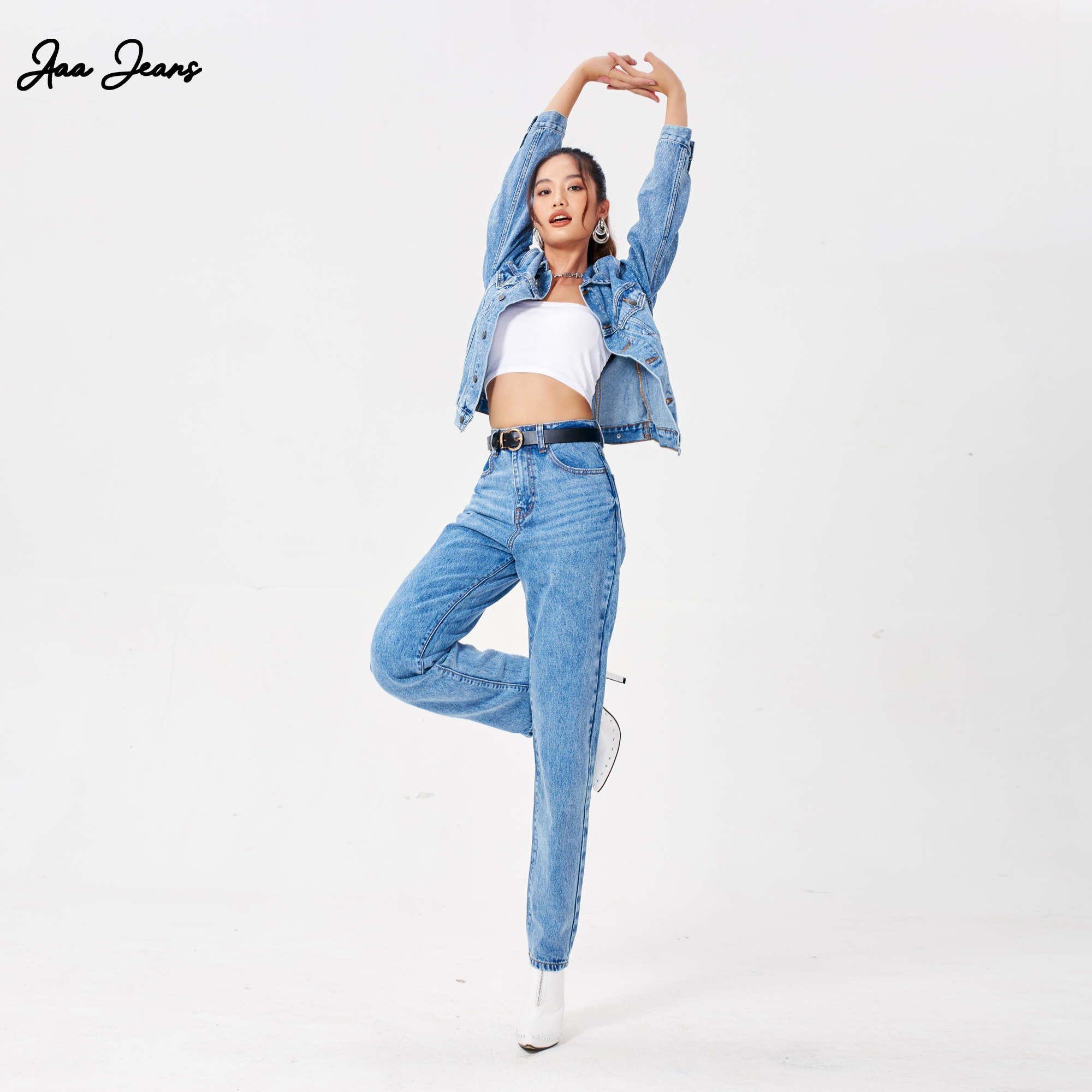 Quần Mom Jeans Lưng Cao Màu Classic Blue Aaa Jeans