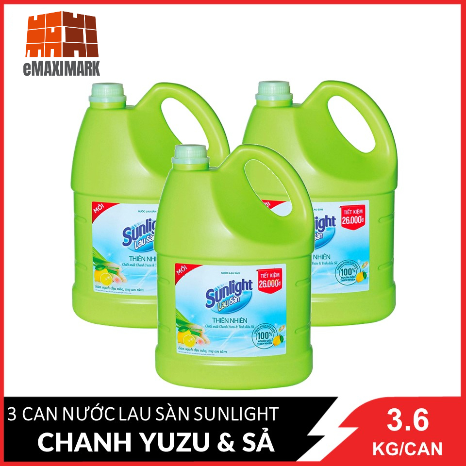 Combo 3 Nước lau sàn Sunlight Thiên nhiên chiết xuất Chanh Zuzu &amp; Sả Can 3.6KG