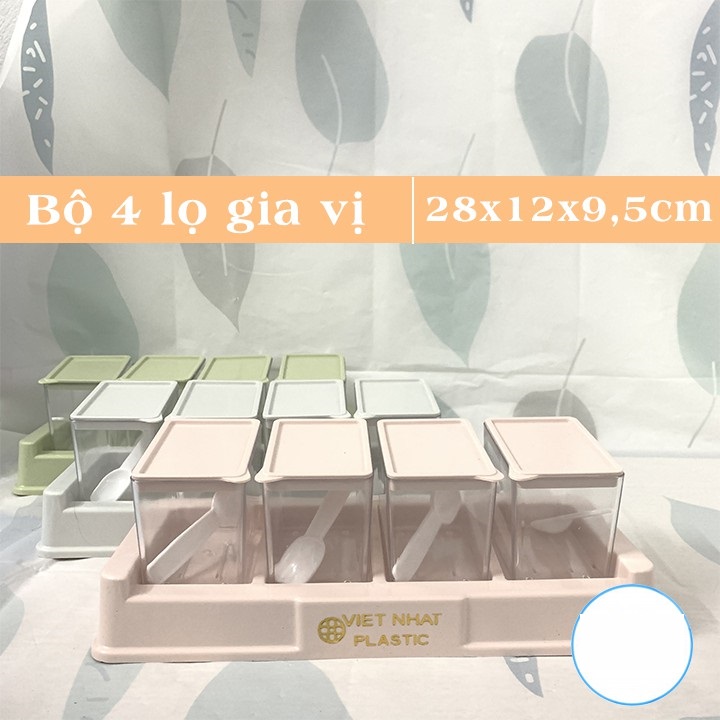 Bộ 4 lọ gia vị có thìa muỗng nhựa 2939 - Hũ đựng gia vị có nắp đậy, có khay đế sang trọng + tặng kẹp tóc mỏ vịt