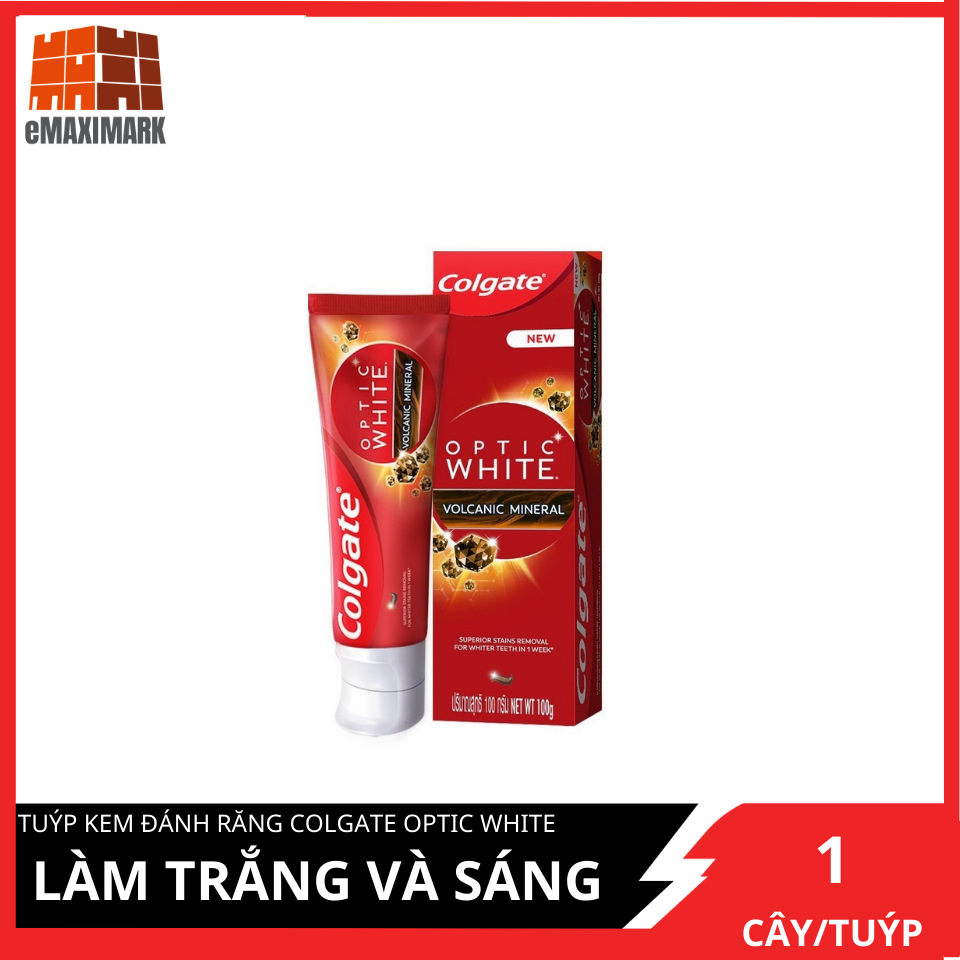 Kem đánh răng Colgate Optic White Làm trắng và sáng răng từ tinh chất núi lửa tuýp 100g