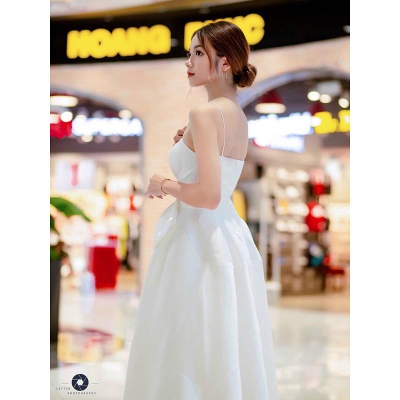 Đầm dáng xoè tiểu thư đầm hai dây trắng nơ ngực phi lụa dự tiệc đi chơi - MN46 - Đầm Váy Mina