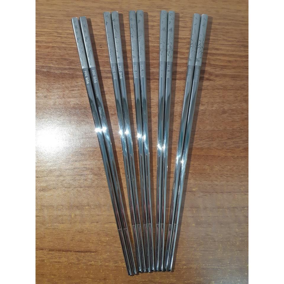 Set 5 đũa ăn Nhật Bản inox 304 mẫu hoa văn đặc ruột
