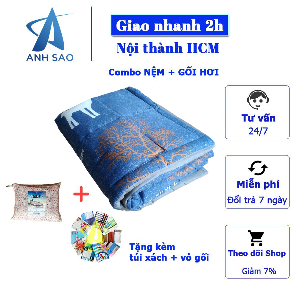 Combo nệm ngủ trưa văn phòng cao cấp A 80x190cm + 1 gối hơi 35 x 50 cm - tặng kèm 1 vỏ gối cotton poly cùng màu