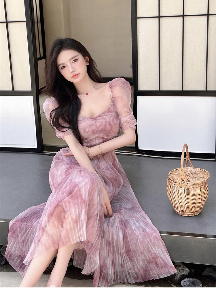 Đầm hồng đi biền, váy nữ đi biển dáng dài xòe, tay lỡ, cổ vuông ngọt ngào mùa xuân - S (&lt;=48kg)