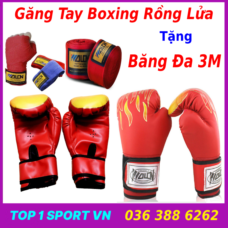 Găng tay boxing đấm bốc rồng lửa thế hệ 5.0 tặng băng đa boxing cuốn tay 3m, êm hơn, ưu việt hơn, bền bỉ hơn