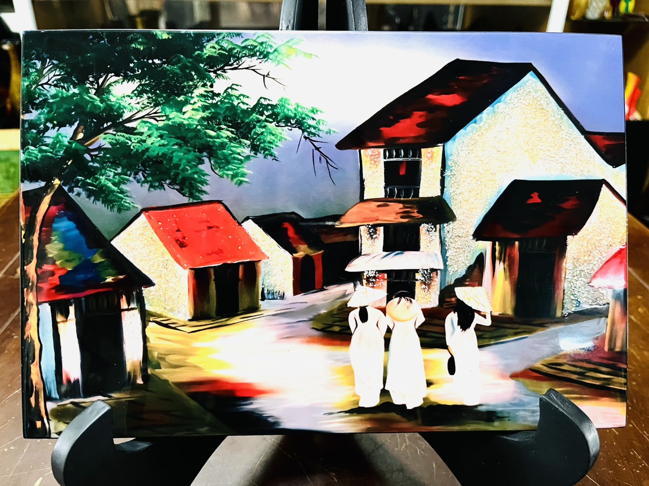Tranh sơn mài phố cổ vẽ màu cẩn trứng đẹp Thanh Bình Lê size 20x30 cm