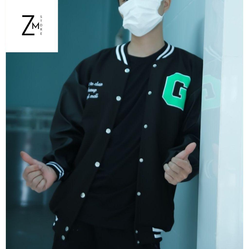 Áo Khoác Bomber Chữ G Xanh Phối Tay Da Unisex Phông Cách Trẻ Trung Năng Động Cá Tính ZMstore