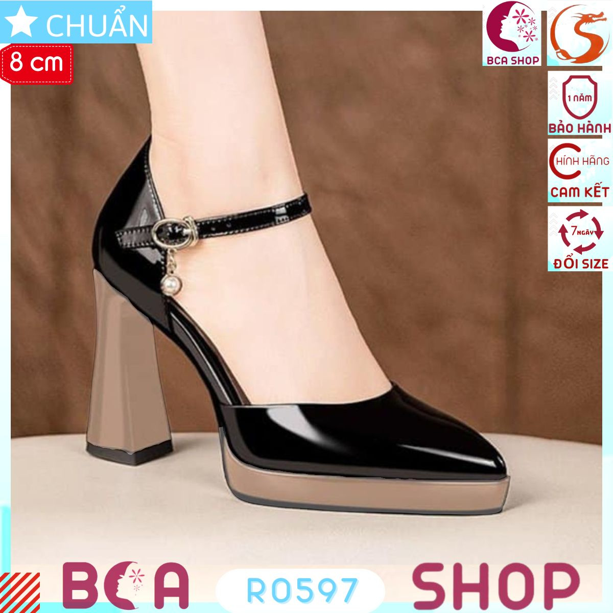 Giày cao gót nữ phối màu đế 8p RO597 ROSATA tại BCASHOP bề mặt đen bóng bên trong êm ái, nhìn độc đáo và sang trọng