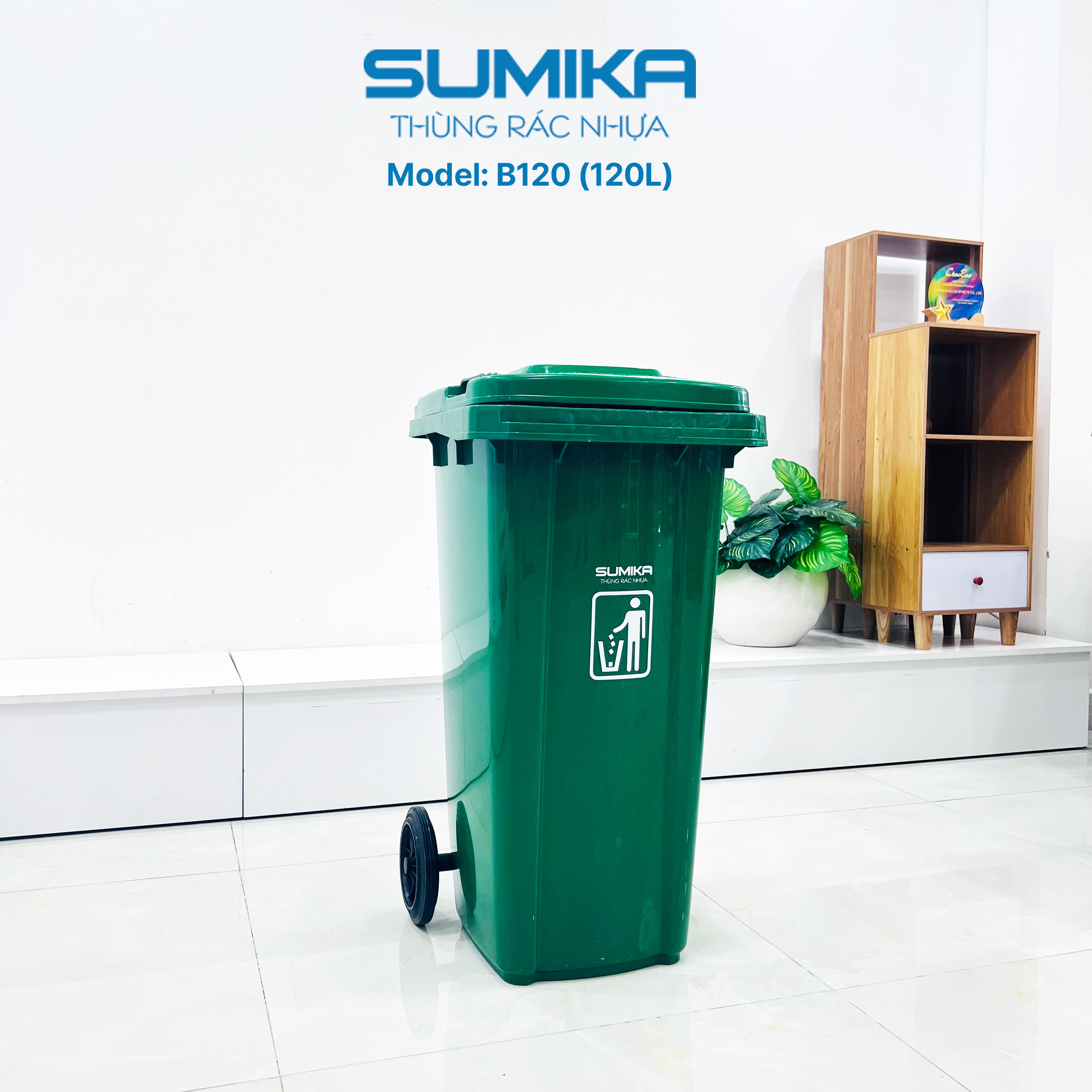 Thùng rác nhựa công cộng SUMIKA B120, dung tích 120L, có bánh xe