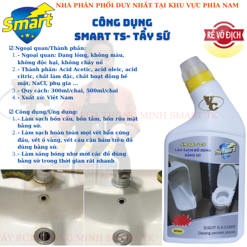 Bộ sản phẩm tẩy rửa gia đình thông minh Smart (500ml) : Smart TC (tẩy inox) - Smart TK (tẩy kính) - Smart TS (tẩy sứ) - Smart Cleaner (tẩy dầu mỡ) .Hàng chính hãng phân phối độc quyền tại khu vực miền nam