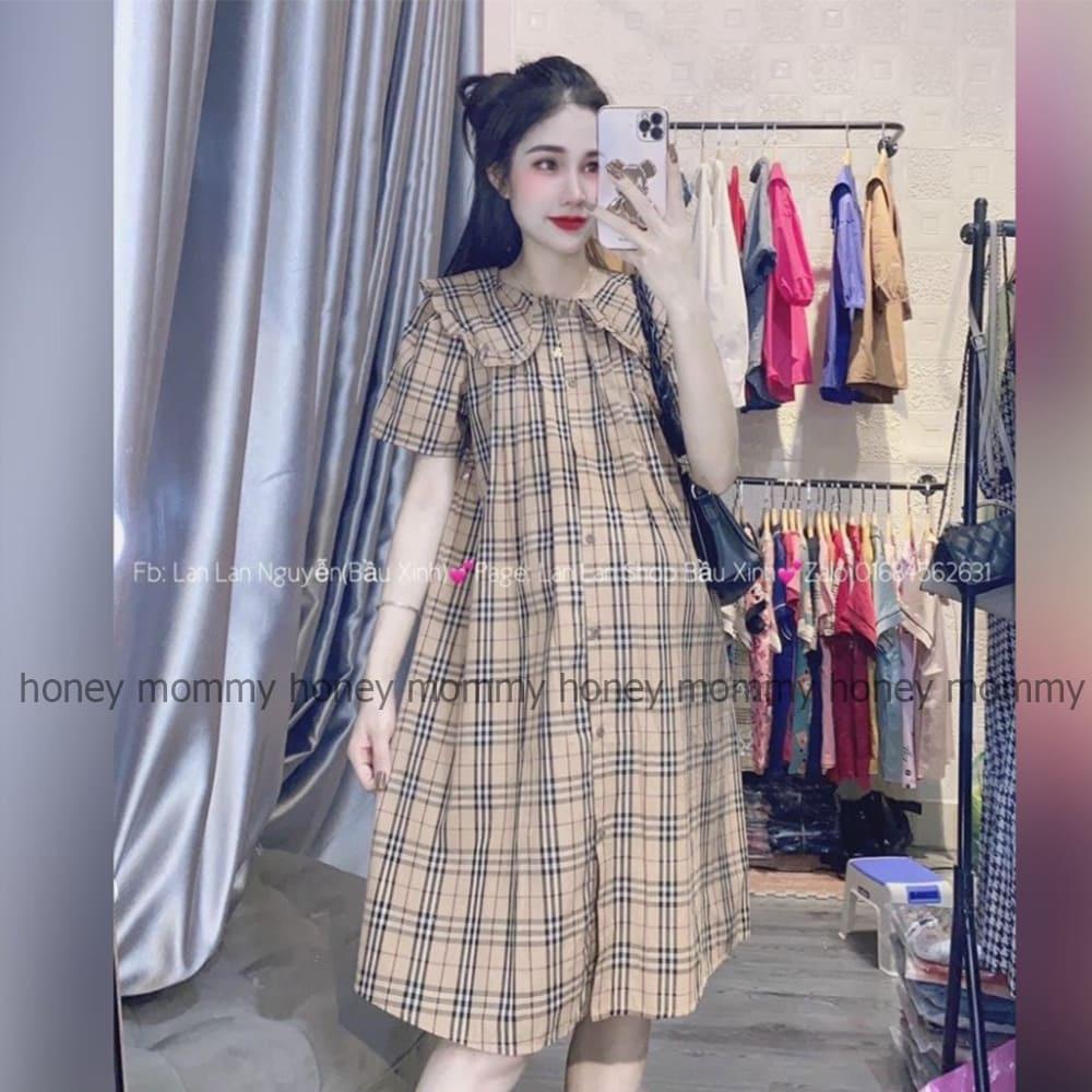 Váy Bầu Đầm Bầu Mùa Hè Kẻ Caro Nâu Cổ Sen Thiết Kế Thời Trang Xinh Xắn HD2881 Honey Mommy