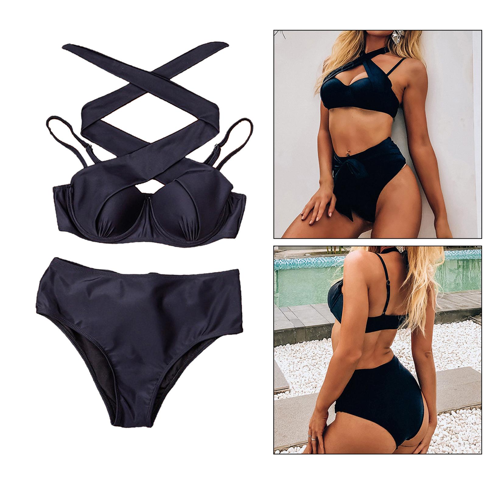 Women's Sexy High Cut Triangle Bathing Suits Padded Halter Bra Set Swimsuit Two Pieces Beachwear