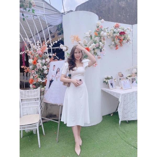 Đầm xoè trắng cổ vuông vai nơ